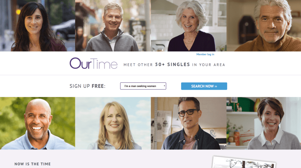 Ourtime review homepage, various profile pictures of men and women over 50 looking happy and attractive