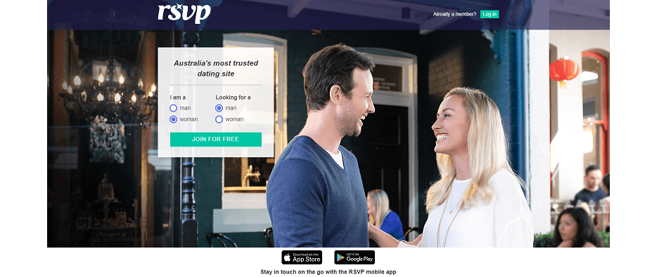 Rsvp dating site landing page, with login screen included.