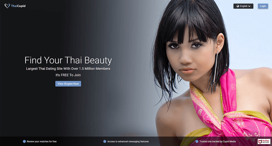 Beautiful thai girl with shorter hair looking sensually into the camera. Beyond that the landing page of thai cupid is visible