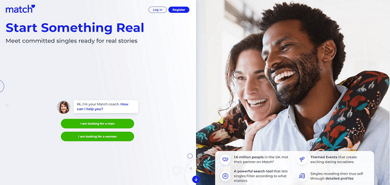 Match. Com landing page with smiling couple having fun.