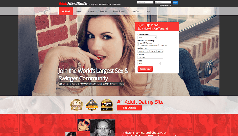 Adultfriendfinder landing page with hot single in the background.