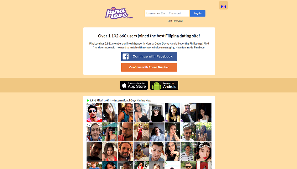 Pina love login screen. Beige color background. And a collage of single members of the dating site.
