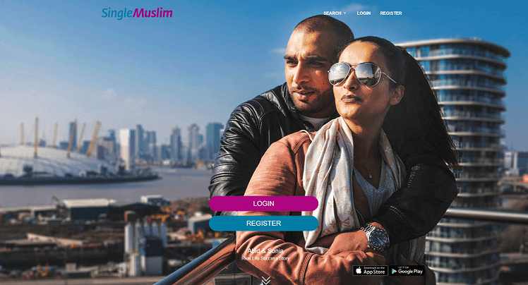 Muslim couple hugging infront of panoramic city view. Log in screen