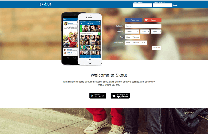 Landing page of skout. With login screen
