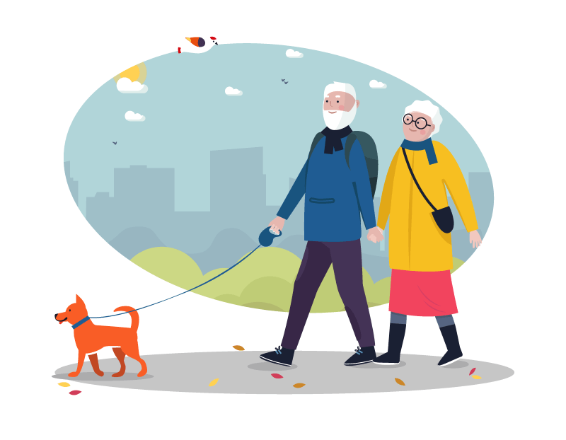 Senior couple walking their dog