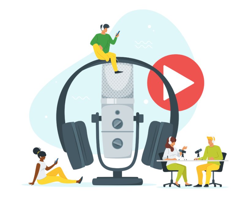 Vector art of people listening to and recording podcasts with a big mic and headphones in the center