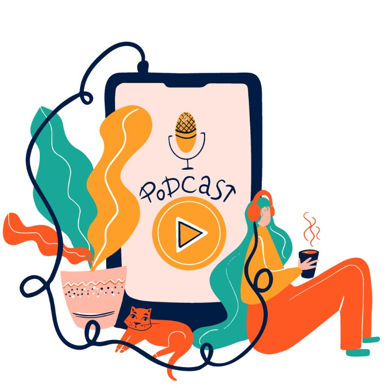 Illustration of woman listening to a podcast with a hot drink and her cat