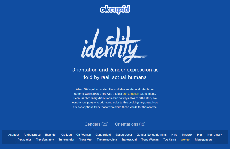 Screenshot of okcupid's gender identity options