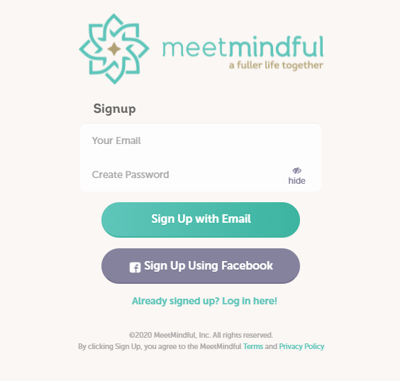 Meetmindful sign-up window