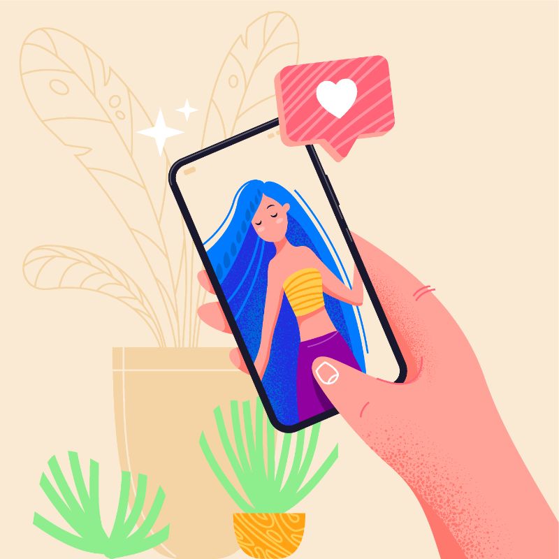 Vector art of someone flirting on their smartphone with a women