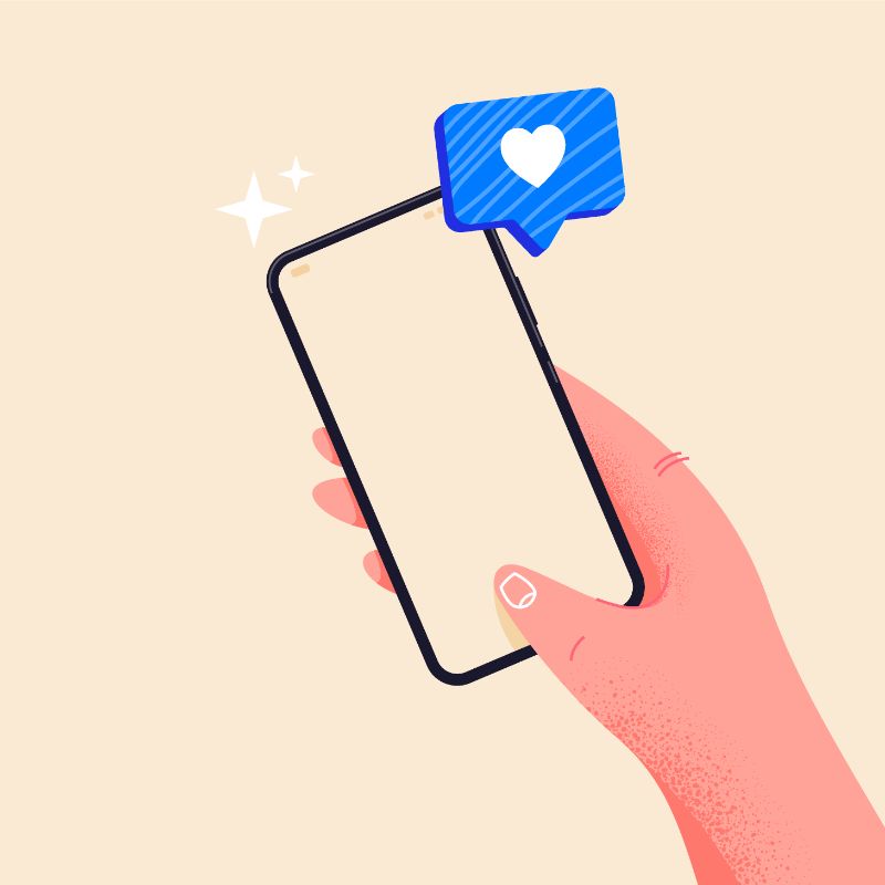 Illustration of hand holding a phone and a heart message coming in