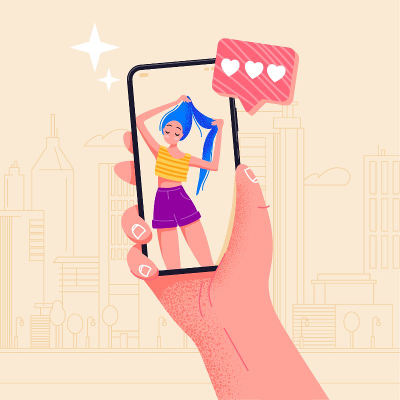 Vector art of someone looking at a woman on their smartphone screen