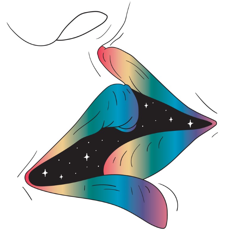 Illustration of two mouths with rainbow lips kissing and a night sky in between them