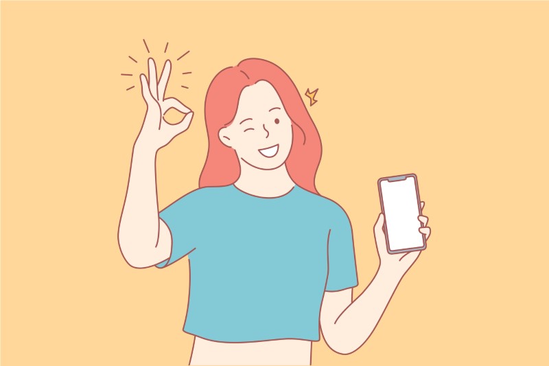 Illustrated woman showing her phone and a gesture with her hand
