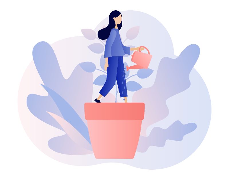 Low self esteem in a relationship: vector art of a woman improving her confidence as represented by watering a plant