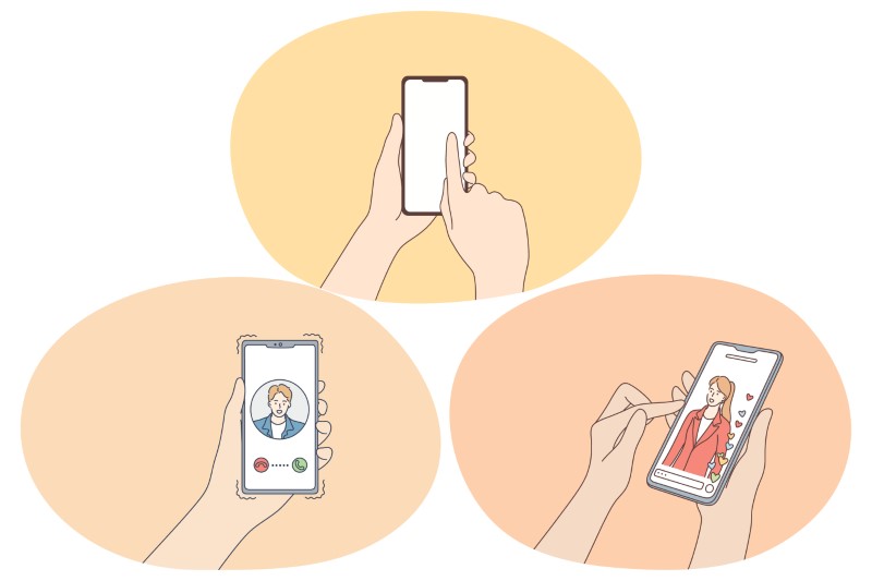 Various illustrations of people dating on their phone