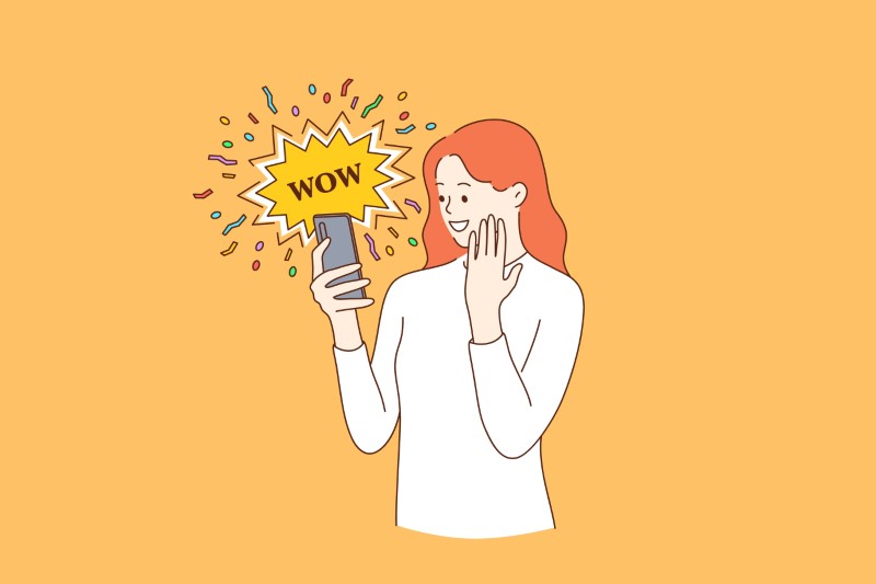 Illustration of woman looking at her phone saying wow