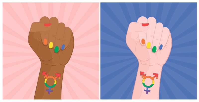 Illustrated hand of white and black person with rainbow nails and the transgender sign on the wrists