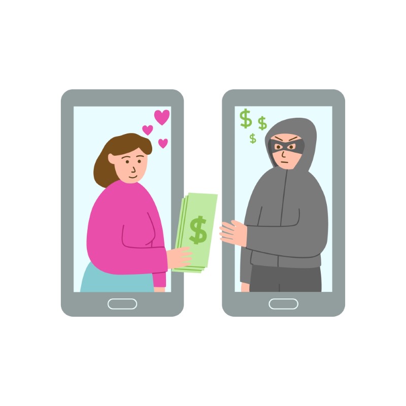 Illustration of woman in love giving her money to an online scammer