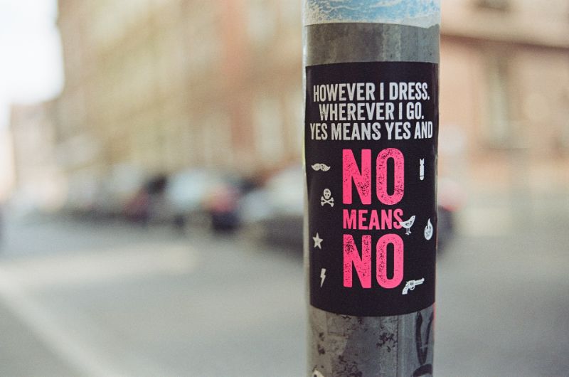 Writing that says: however i dress, wherever i go, yes means yes and no means no.