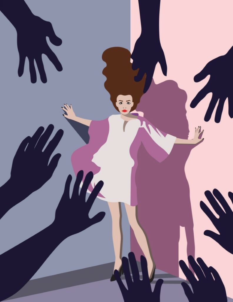 Illustration of woman cornered by different hands reaching for her