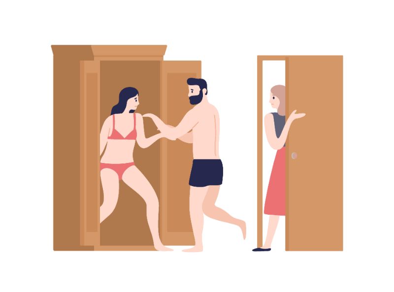 Vector art of man hiding woman in underwear in closet while another woman is entering the room