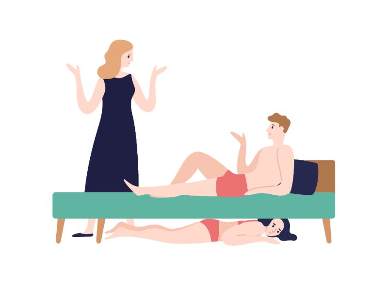 Vector art of man lying in bed talking to partner while a woman in underwear is hiding under bed
