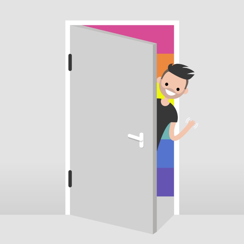 Illustrated queer person coming out of the closet