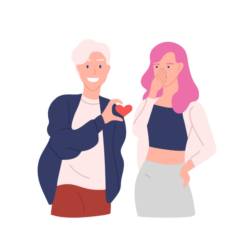How to deal with rejection: illustration of a pink haired woman not happy about guy showing her a heart