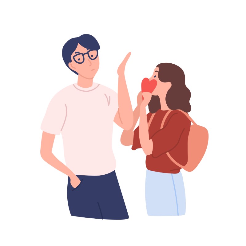 Illustrated man with glasses rejects a woman giving him her heart