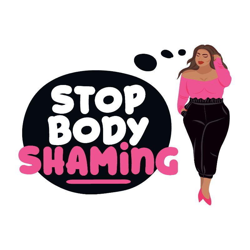 Vector art of woman thinking "stop body shaming"