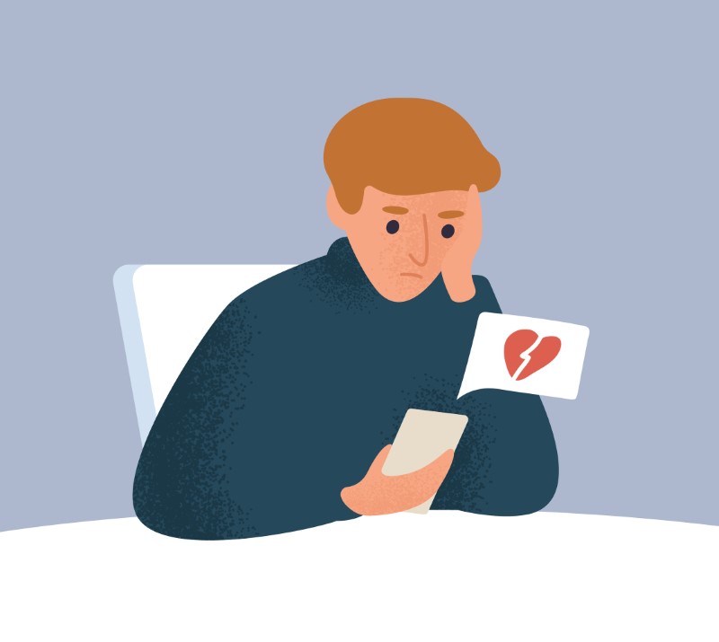 Illustration of a guy on his phone facing rejection