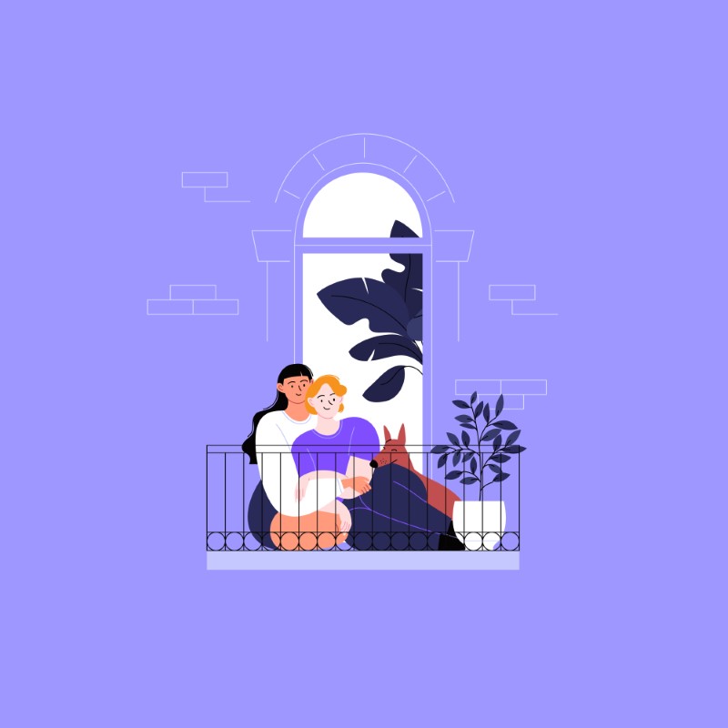 Illustration of queer couple with a dog sitting on a balcony