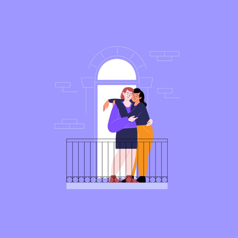 Vector art of two women hugging on their balcony