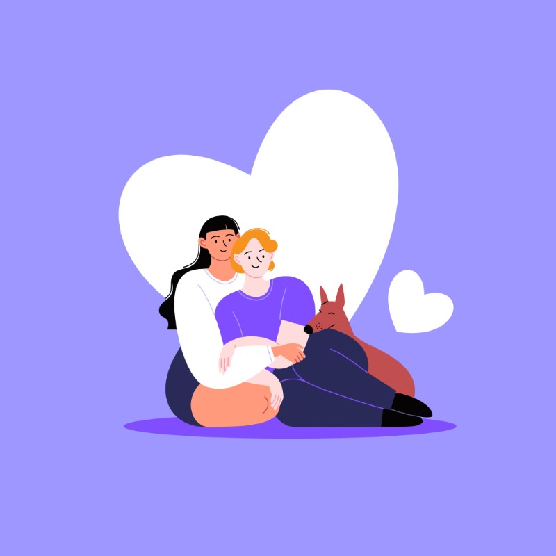 Illustrated queer couple cuddling with their dog