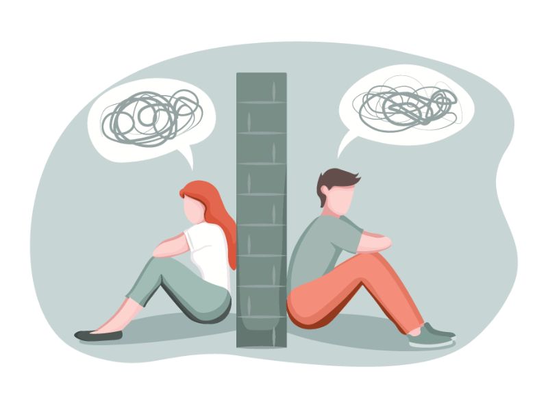 Vector art of a man and a woman sitting on different sides of a wall, talking nonsense