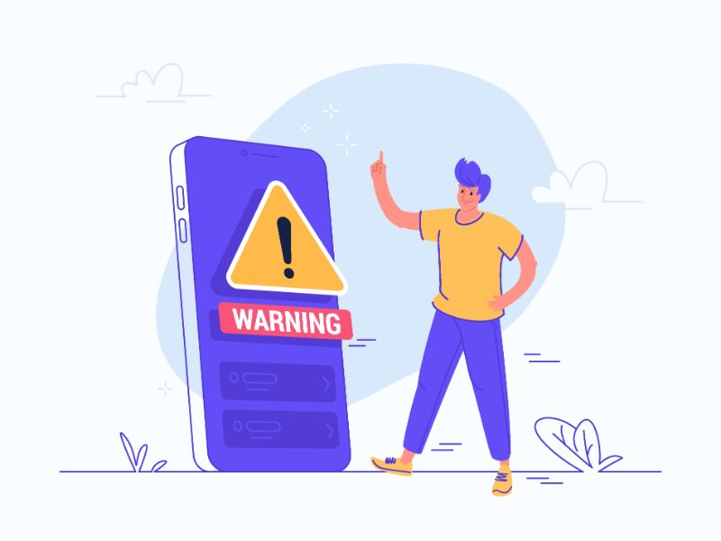 Vector art of a person next to a phone that shows a warning