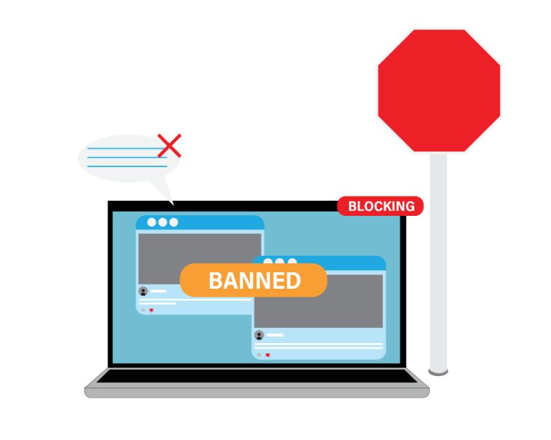 Vector art of laptop showing someone beinng blocked and banned from messaging