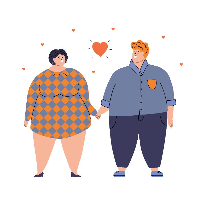 Illustration of a bigger woman and a bigger man holding hands and in love