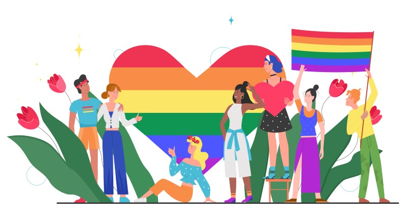 Illustration of lgbtq+ people in front of a big rainbow pride heart