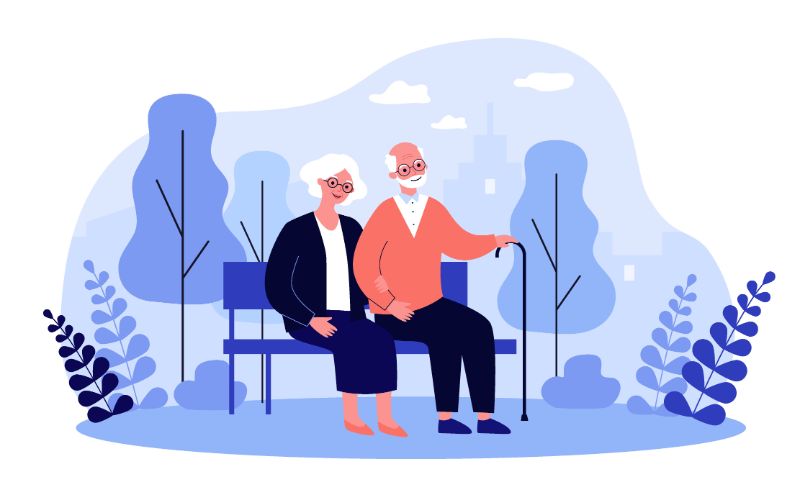 Vector art of older couple sitting in a park finding love in your 50s