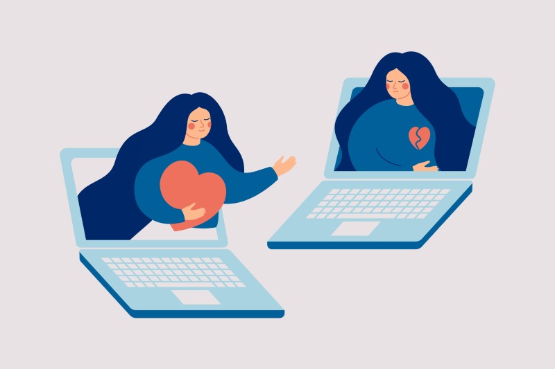 Vector art of two laptops showing a woman with a broken heart and a woman with a big heart