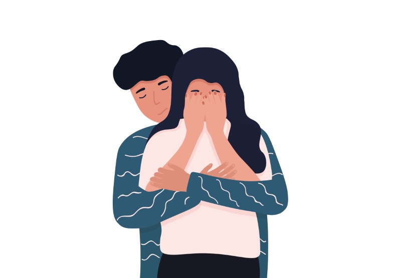 Vector art of a guy comforting his crying girlfriend when dating someone with depression