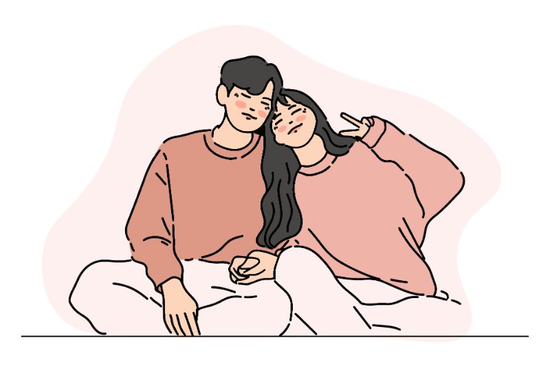 Illustration of asian couple cuddling while woman is showing peace sign