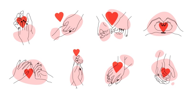 Compilation of line art hands holding each other and hearts
