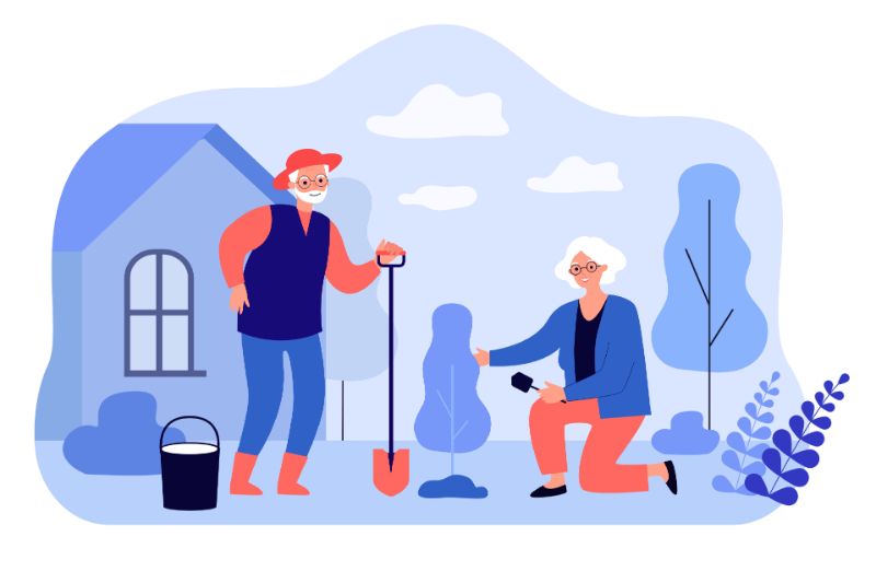 Illustration of elderly people gardening together