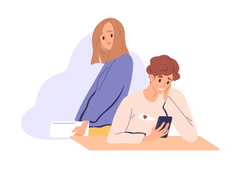 Vector art of woman catching her boyfriend flirting via text