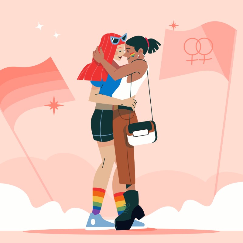 Illustration of two lesbian women in pride at pride parade about to kiss