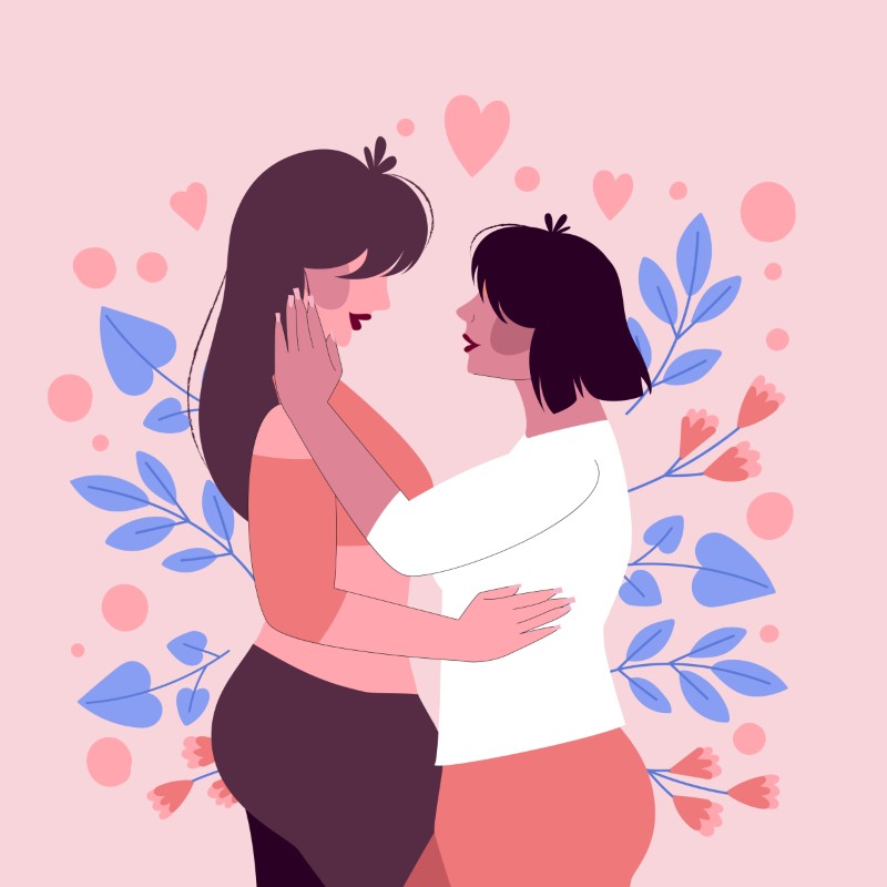 Vector art of two lesbian women hugging while surrounded by flowers and hearts