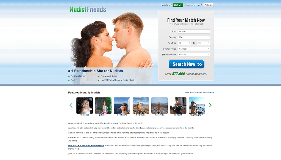 Nudistfriends review screenshot of dating site homepage